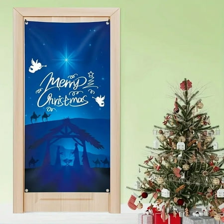 Image of 1pc Nativity Barn Door Cover Birth Of Jesus Christmas Door Decorations Restroom Backdrop Background Religious Manger Scene Xmas Photography Booth Prop Banner Outdoor Indoor Holiday House Decoration