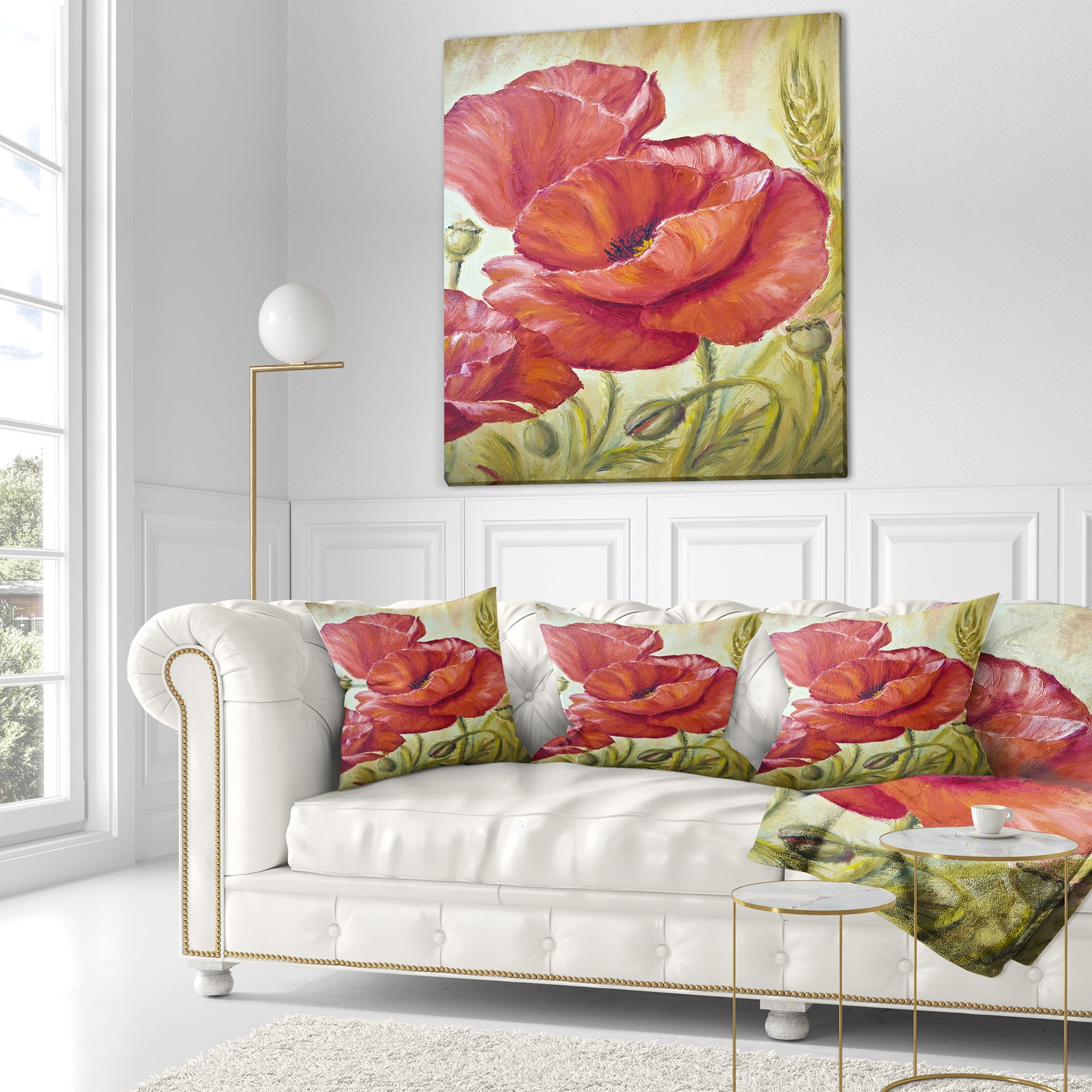 Designart Poppies in Wheat - Floral Throw Pillow - 18x18