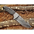thumbnail image 5 of 8" Long skinning knife, 4" full tang gut hook blade, hand forged Damascus steel, Bull horn with Damascus bolster scale, Cow Leather sheath, 5 of 8
