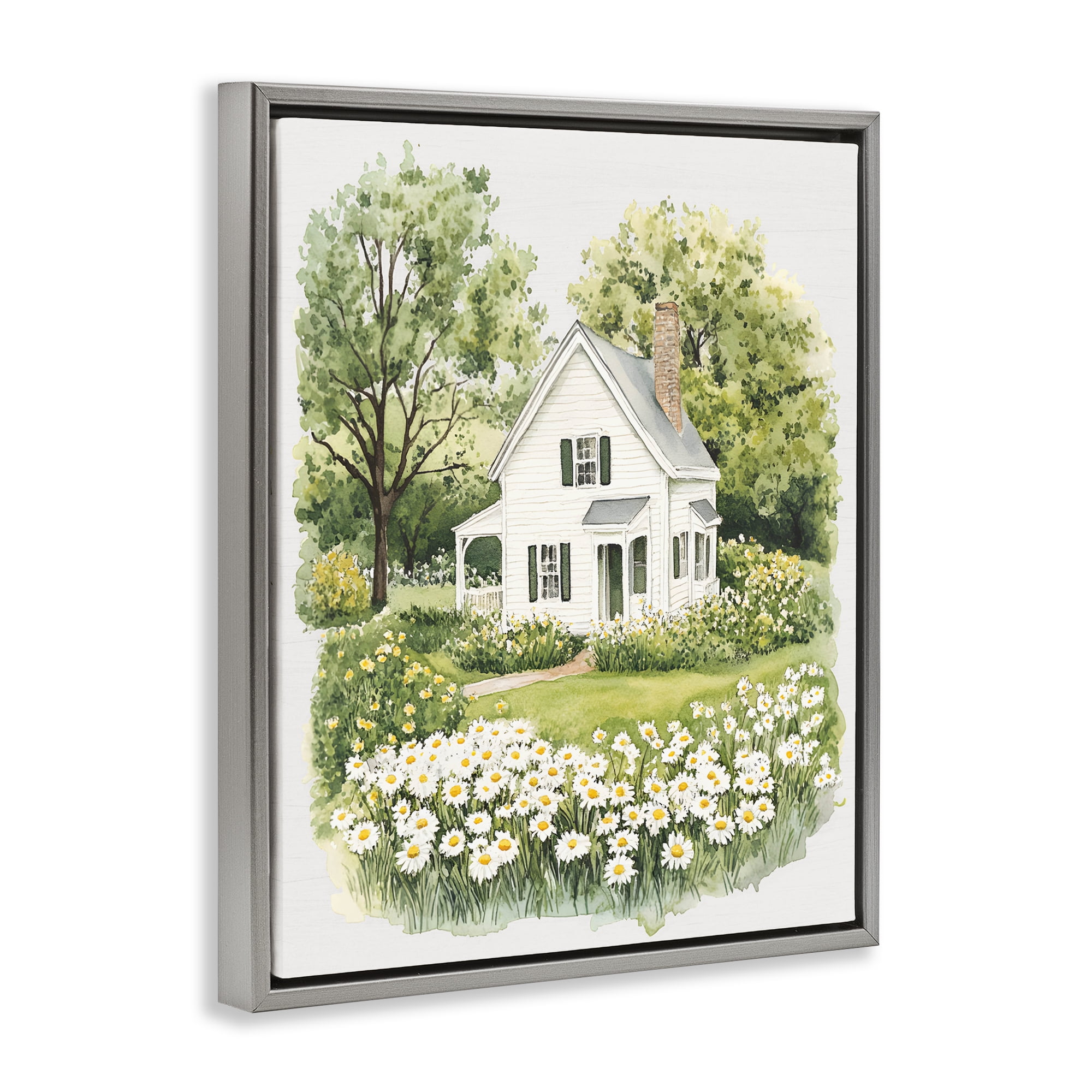 Quaint Countryside Cottage Garden Gray Framed Floater Canvas Wall Art, design by Lettered and Lined