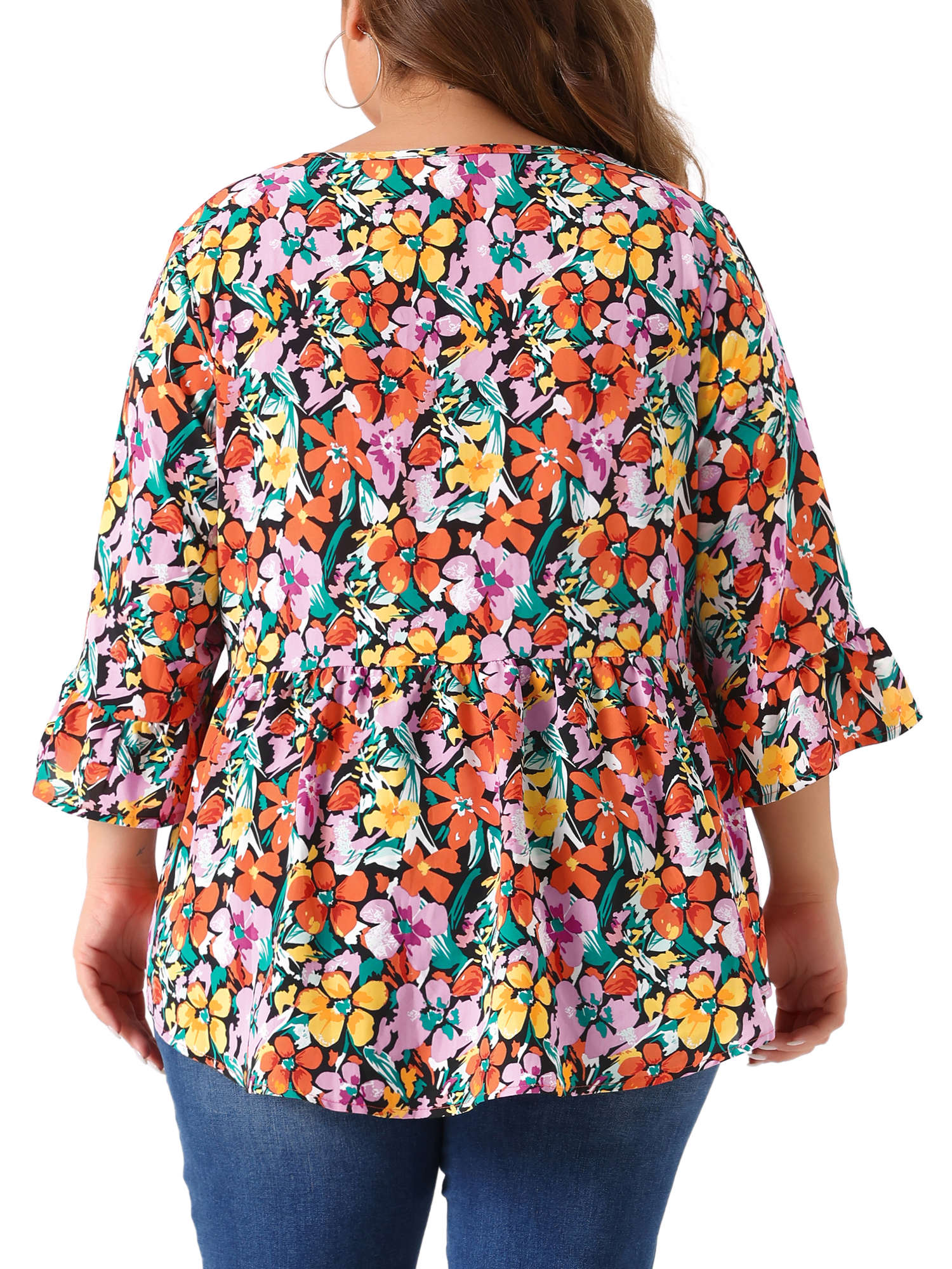Women's Plus Floral Blouses V Neck Ruffle 3/4 Sleeve Babydoll Peplum Tops 1X Orange Black