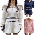 thumbnail image 2 of Womens 2 Piece Outfits Zipper Lapel Knit Pullover Sweater Shorts Set Wide Leg Matching Set Loungewear, 2 of 9