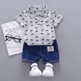 thumbnail image 6 of XBASW Toddler Infant Boys Summer Short Sleeve Floral Shirt Tops + Denim Shorts Outfit Set Clothes 3M-4T, 6 of 7