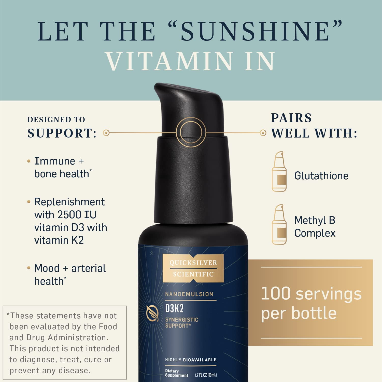 Quicksilver Scientific Nanoemulsified D3K2 - Emulsified Liquid Vitamin D3 + K2 MK7 Liposomal Supplement for Heart, Bone Health + Immune Support - Bioactive 2500IU for Enhanced Absorption (1.7oz/50ml)