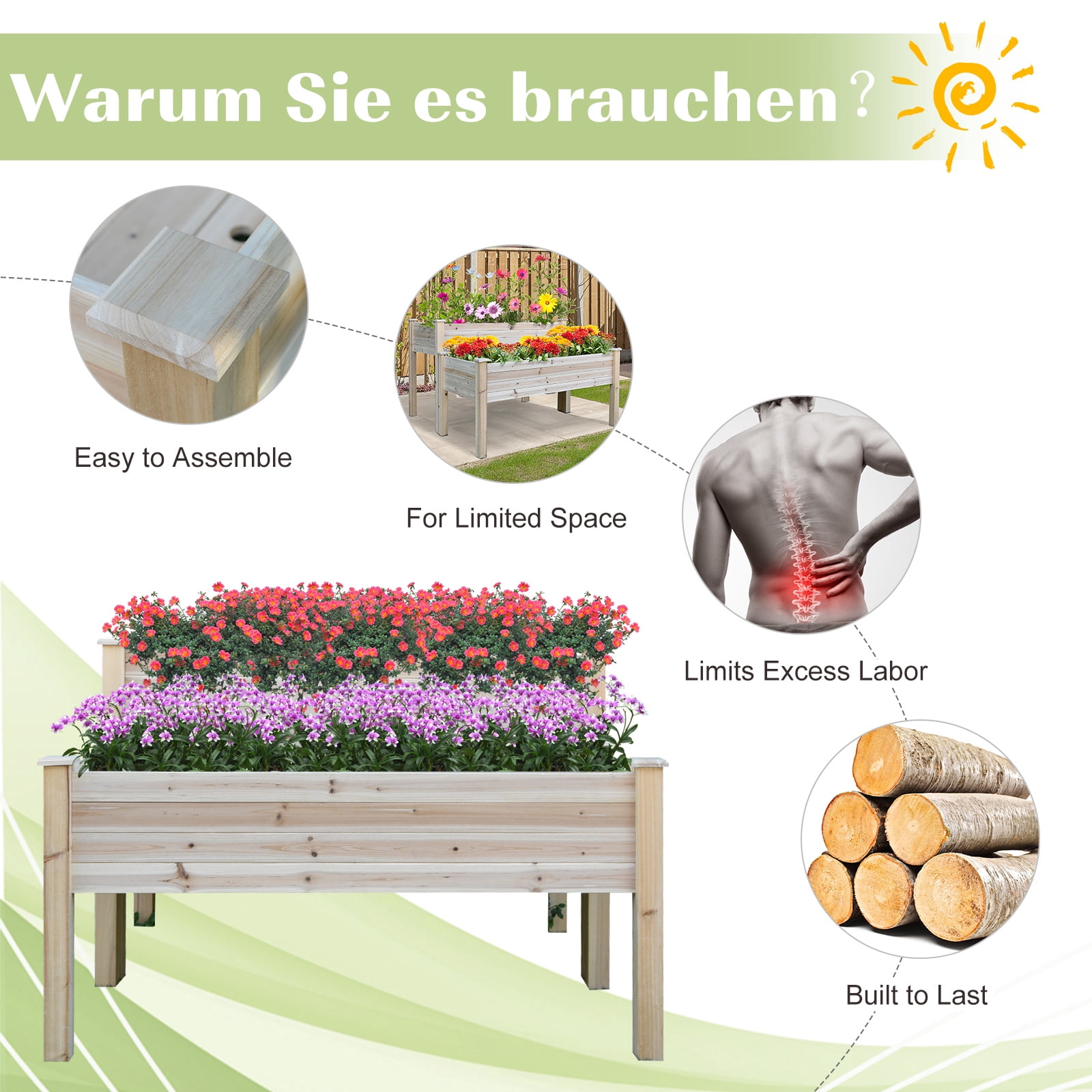 Outsunny 2 Tier Raised Garden Bed, Elevated Wooden Planter Box, Natural