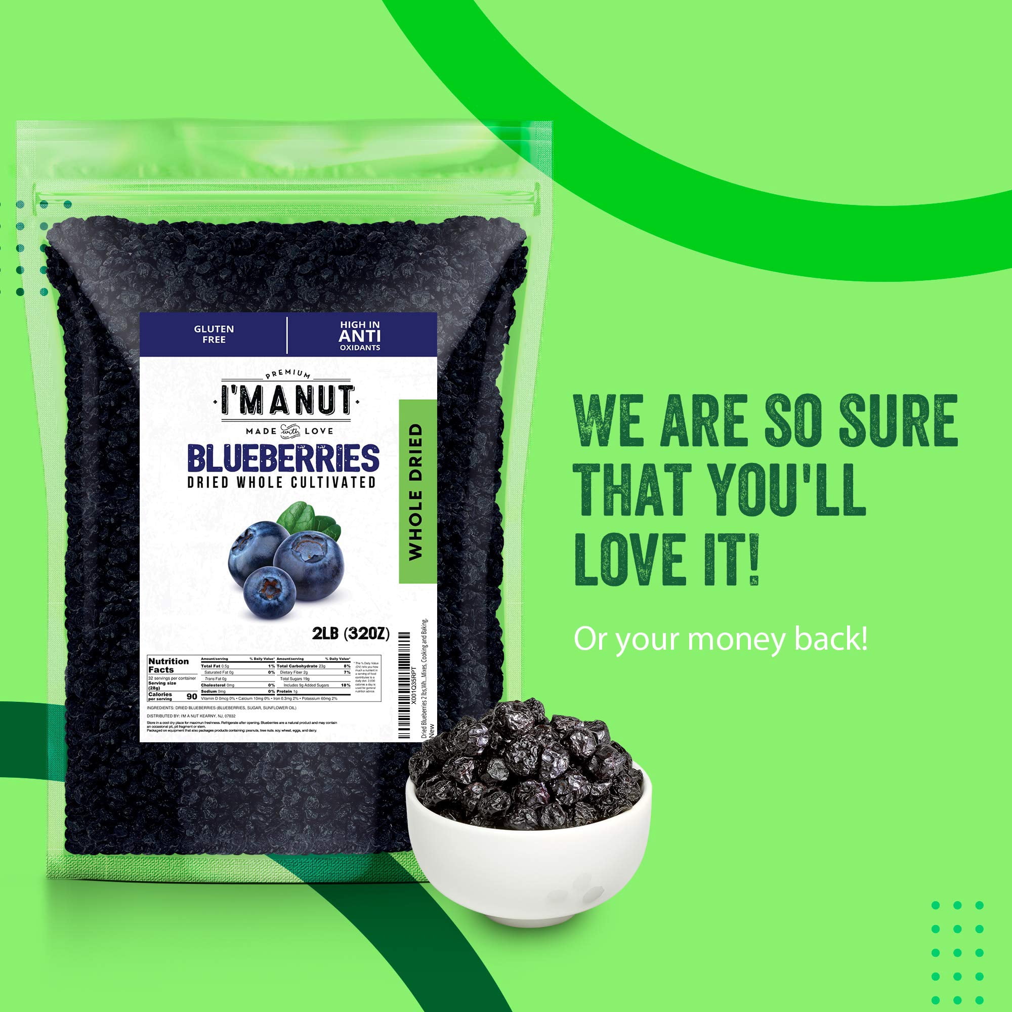 Whole Dried Blueberries-Kosher- 32 oz - American - Batch Tested Gluten and Peanut Free I'M A NUT