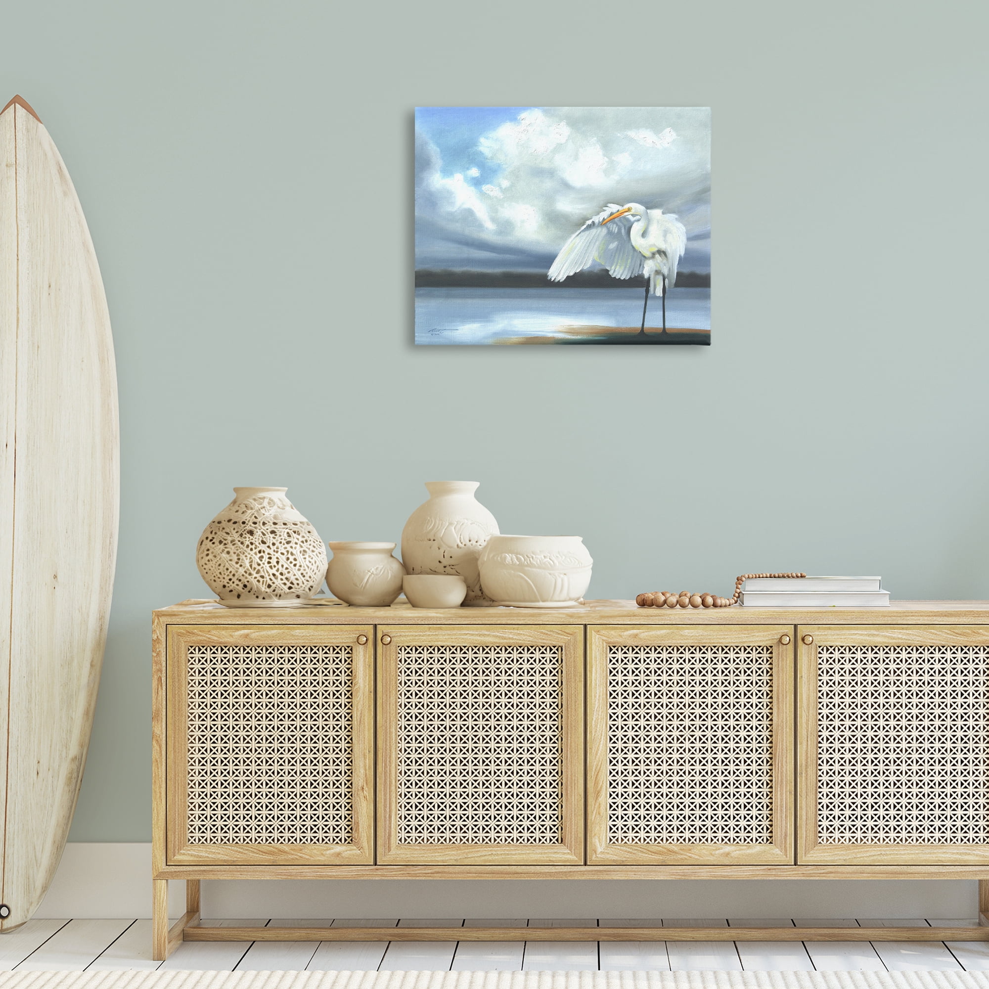 Stupell Industries Egret on Cloudy Beach Shore Animals & Insects Painting Gallery Wrapped Canvas Art Print Wall Art, 30 x 24