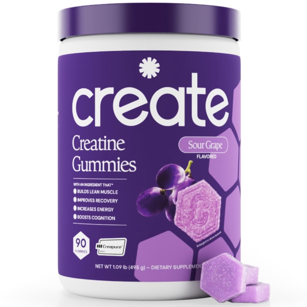 Create Creatine Monohydrate Gummies, Energy & Strength, Sour Grape, 90 Count