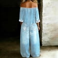 thumbnail image 4 of Denim Jumpsuit for Women Long Sleeve Off Shoulder Jean Jumpsuit Button Down Wide Leg Jean Overalls with Pockets, M, 4 of 5