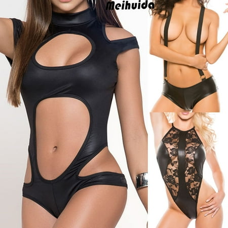 Sexy Lady Women PU Leather Leotard Lingerie Bandage Romper Jumpsuit