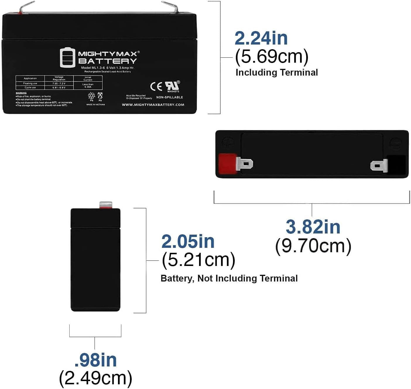ML1.3-6 - 6 Volt 1.3 AH, F1 Terminal, Rechargeable SLA AGM Battery