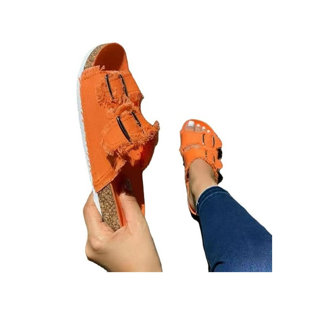 LUXUR Women Shoes Open Toe Slides Backless Slippers Non Slip Flats Ladies Orange 12