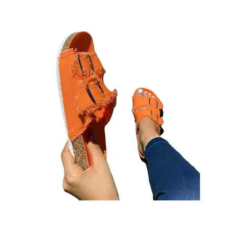 

Zodanni Lady Slippers Buckles Shoes Backless Slides Indoor Flats Summer Casual Open Toe Orange 5