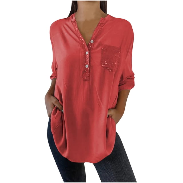 Plebaso Chemises à Sequins pour Femmes Col en V Manches Courtes Chemise Habillée Décontractée Soirée Boîte de Nuit