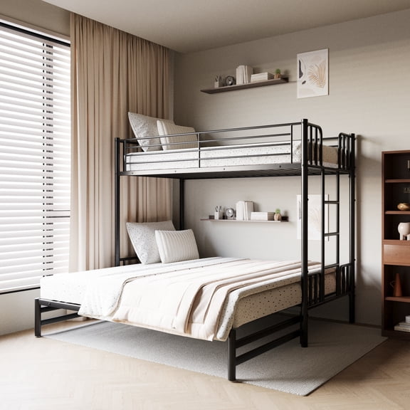 Mintazer Twin Over Twin Metal Bunk Bed with Pull-Out Design, Separate Beds with Guardrails & Ladder for Bedroom, Black