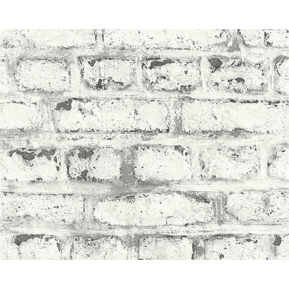 Concord Wallcoverings Textured Wallpaper Faux Cottage Featuring Bricks Wall, Grey Silver White, 21 In x 33 Ft (56 sq. ft), 362802
