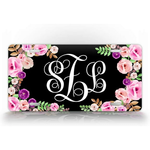 Black Floral Front Monogram License Plate Personalized Women's Monogrammed Auto Tag Sign