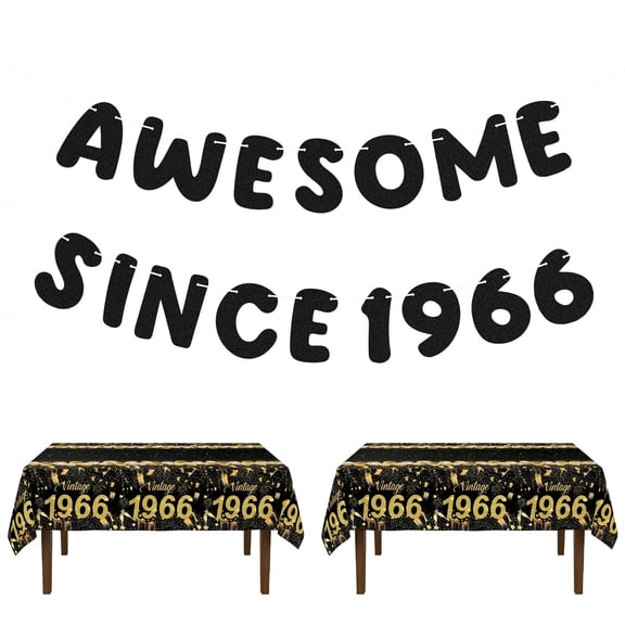 AWESOME SINCE1966 60th Birthday Decor Set – 2 Premium Black & Gold Tablecloth with 2 Glitter Banner, Vintage 60th Anniversary Party Supplies for Men & Women