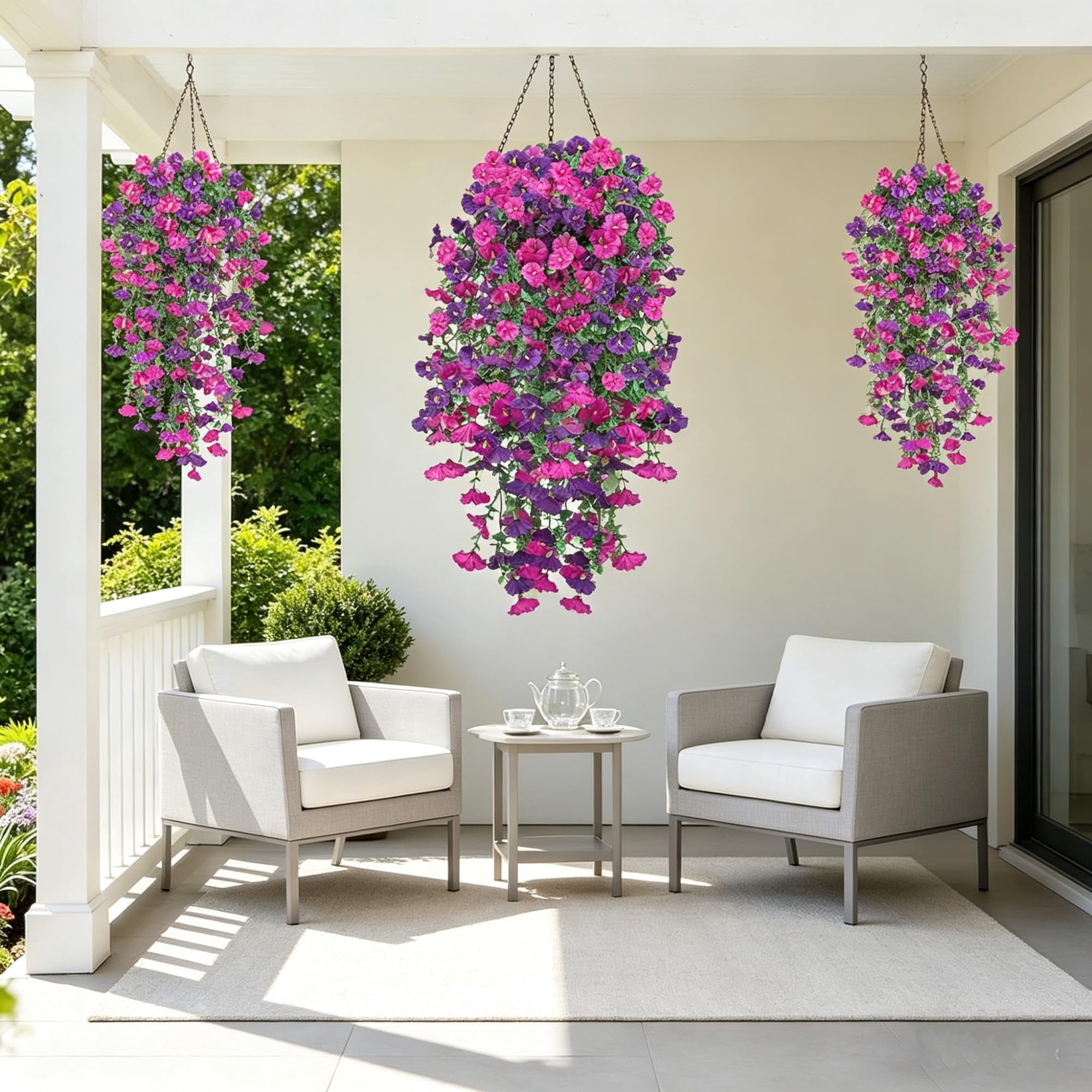 Faux Hanging Pansy Flowers for Outdoors – 6 Pcs UV Resistant Artificial Morning Glory Vine, 69 Blooms, 30″ Cascading Faux Plants for Porch, Garden, Patio Decor