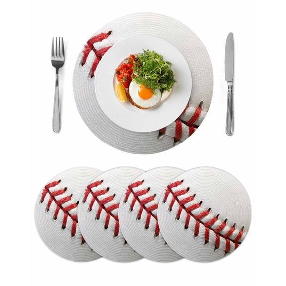 Baseball Round Placemats Set of 4 for Dinning Tables,Heat-proof Braided Table Mats 13 Inch,Red White Texture Sports Ball Minimalist Washable Place Mat for Kitchen Restaurant Party Decor Table Setting