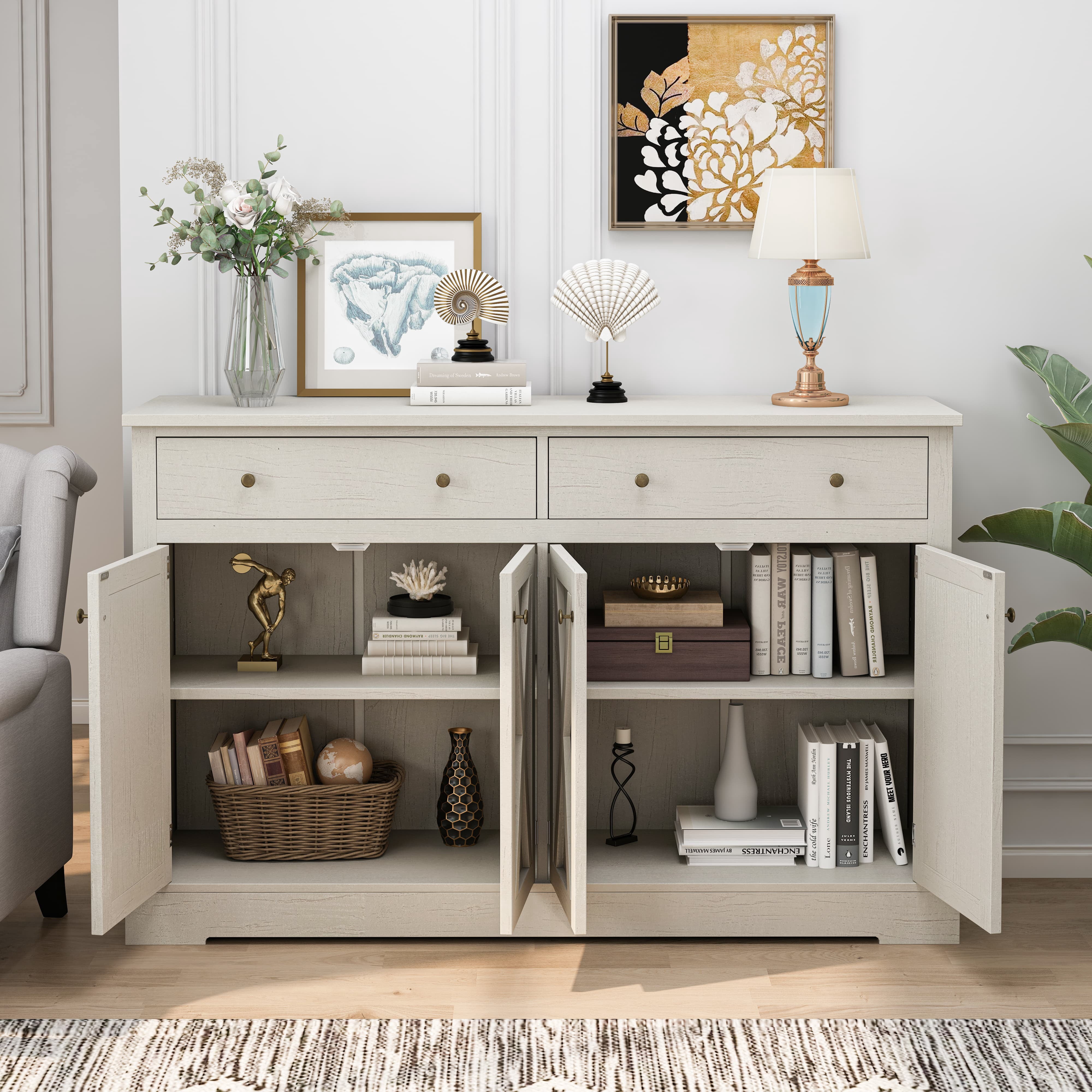 Aukfa 4 Doors Sideboard Buffet Cabinet with 2 Drawers for Living Rooms,Bedroom, White