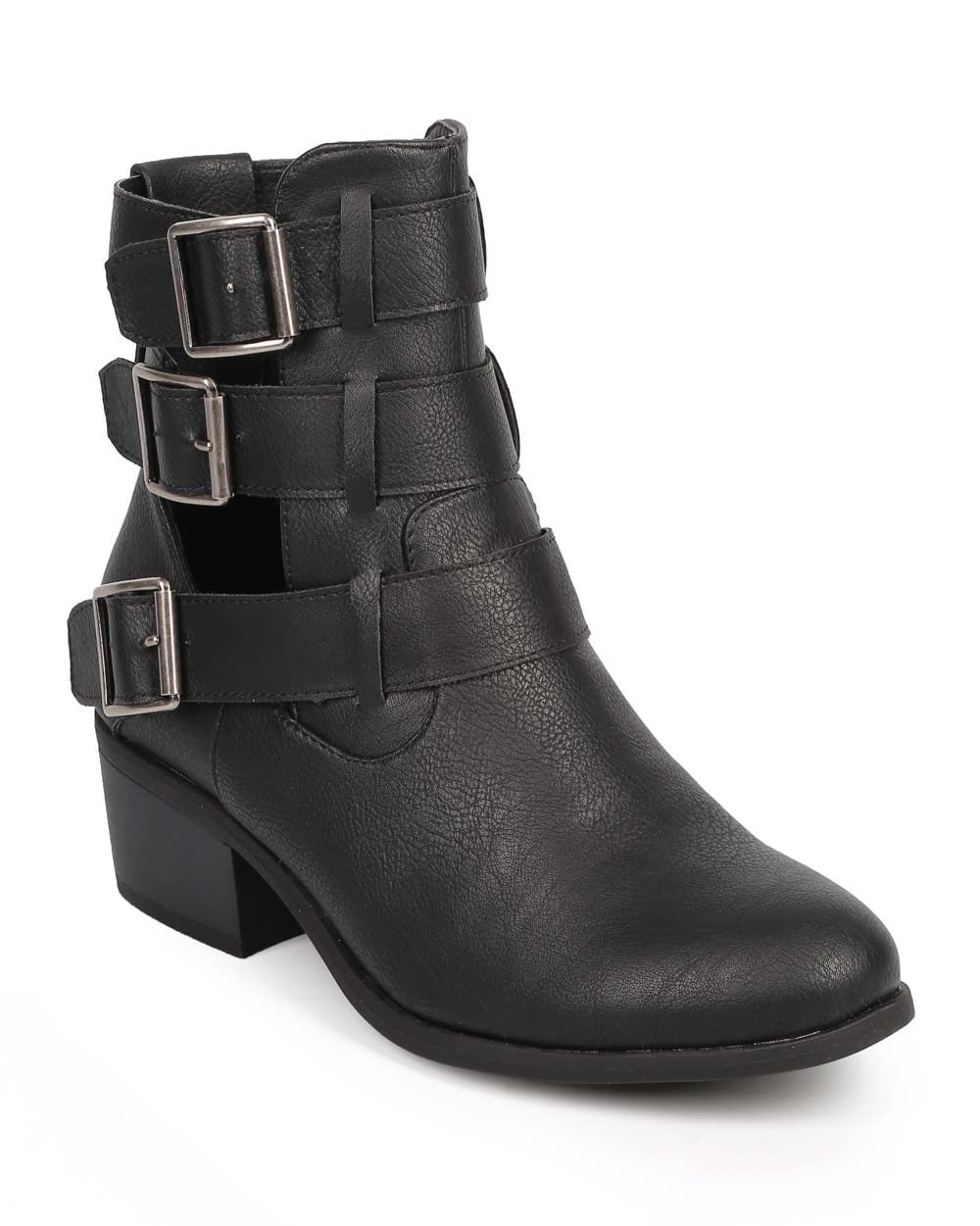 Pamee01 Caged Multi Buckle Faux Wooden Heel Western Ankle Boots 