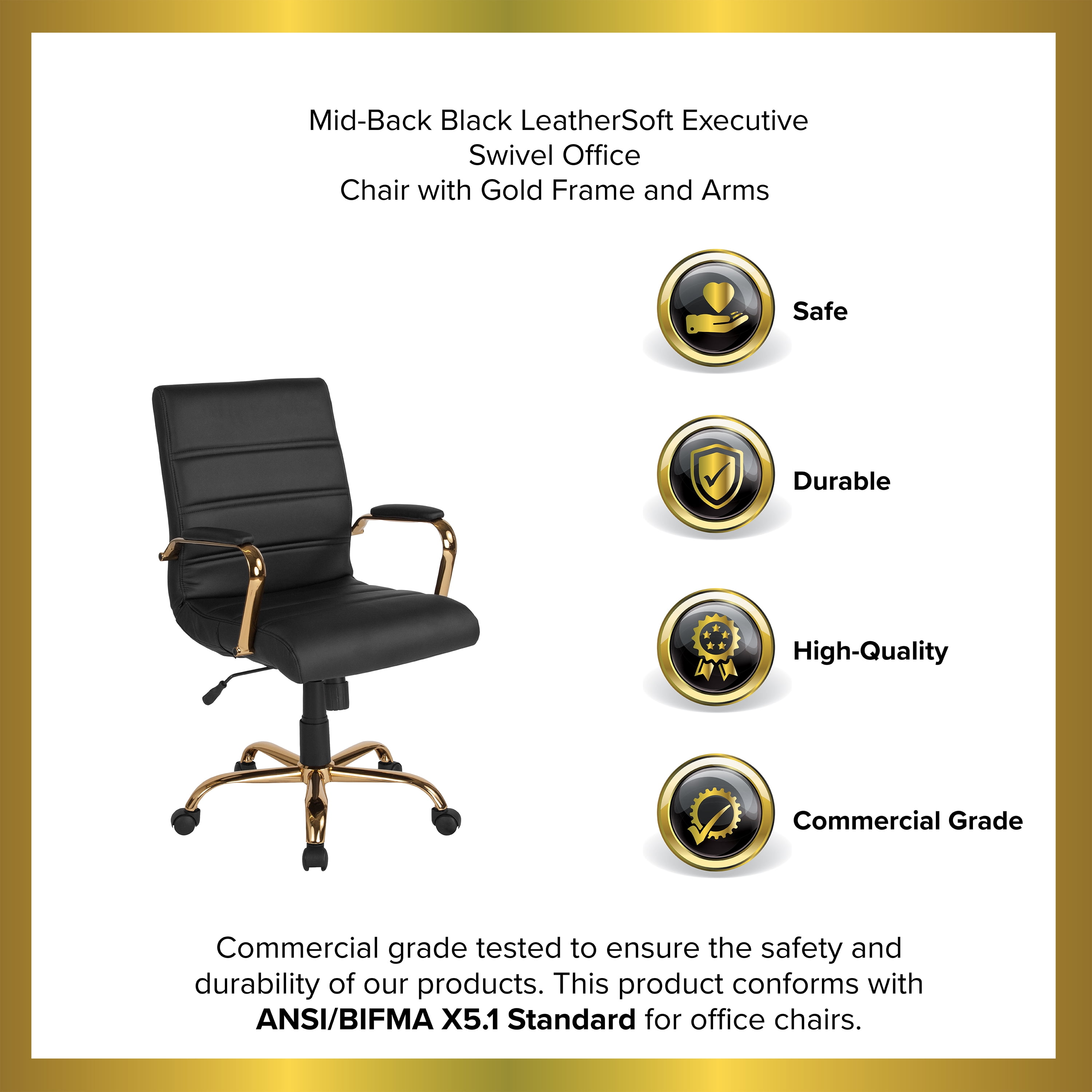 Merrick Lane Contemporary Mid-Back Black Faux Leather Home Office Chair with Padded Gold Arms