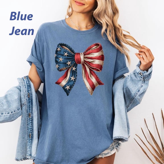 USA Flag Coquette Bow Shirt, Cute 4th of July Tee, Patriotic American Flag T-Shirt, Independence Day USA Top for Women