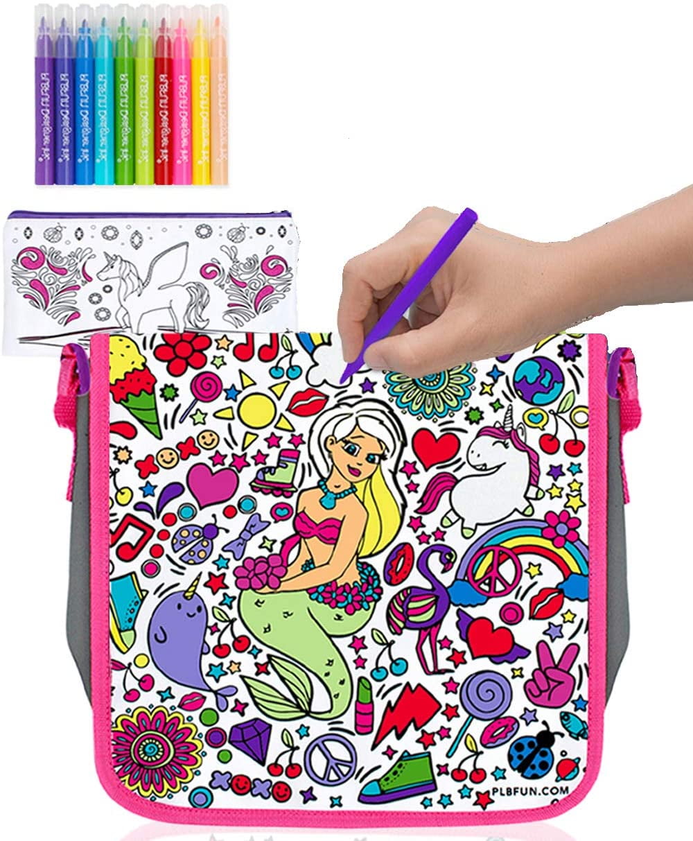 Amazing Value in this Creative Heavy Duty Back to School Bag for Kids Set! Purple Ladybug Large Pink Backpack for Girls with Color-in Water Bottle Plus Pencil Case Plus 10 Vibrant Coloring Markers