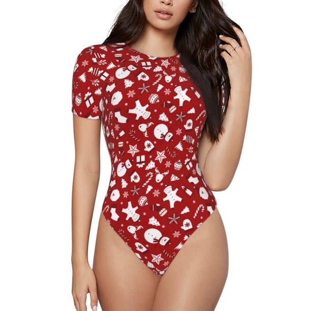 Fotbe Red Christmas Cheer. Body de Mujer con Cuello Redondo y Mangas Cortas, Sin Mangas Ajustado, Suave, Cómodo y Básico-Medium