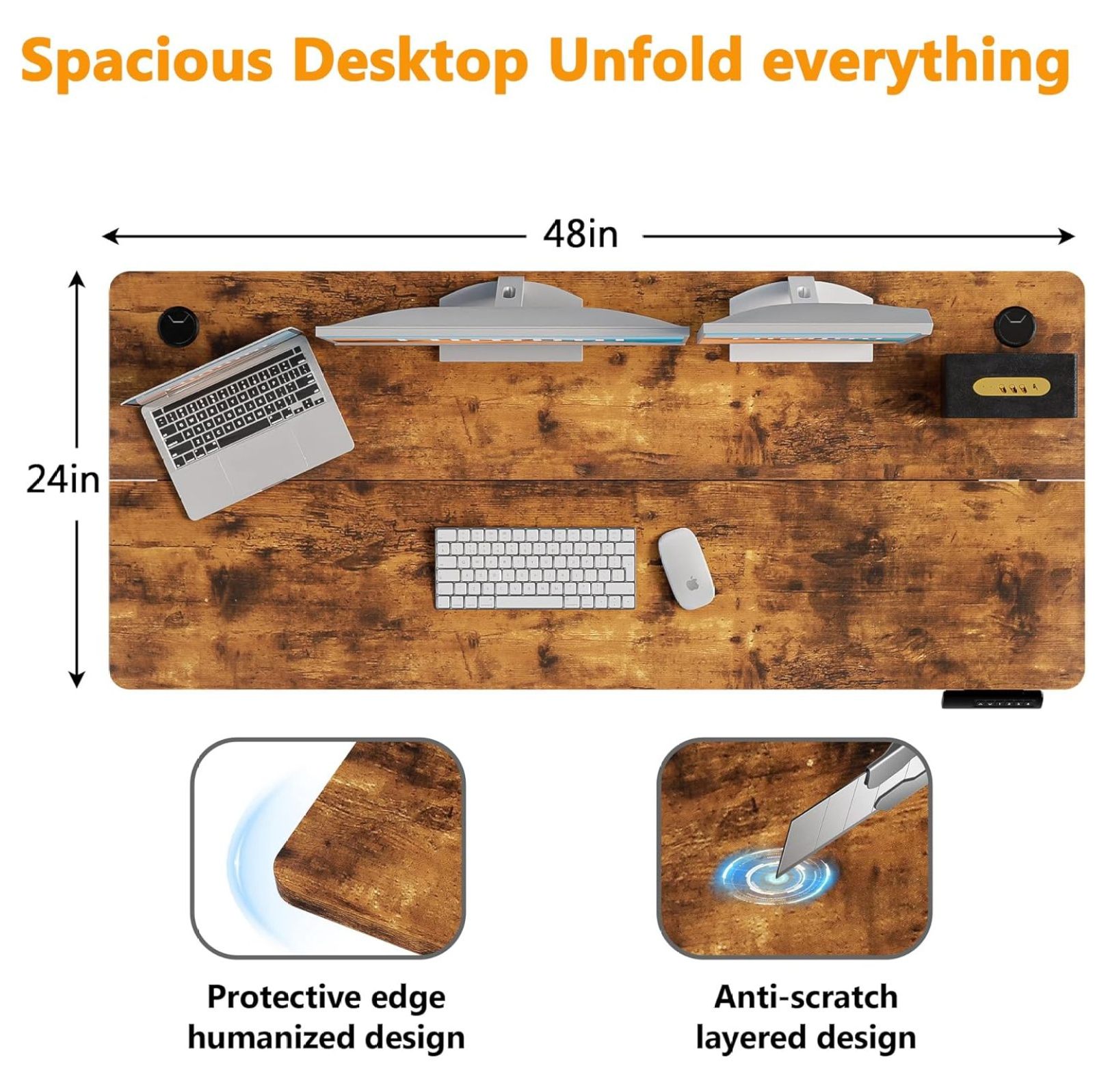 Electric Standing Desk x 24 inch for Home Office,Sit-Stand Adjustable Desk with Memory Presets,Height Adjustable Desk for Gaming/Working,Free Hook, Lockable Wheels,Brown