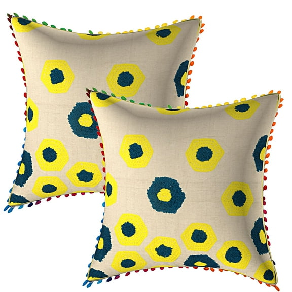 Stylo Culture Ethnic Sofa Throw Pillow Covers 16x16 Towel Embroidered Dark Green Bright Yellow Zippered 40cm x 40cm Pom Pom Lace Cotton Geometric Square Cushion Covers | Set Of 2