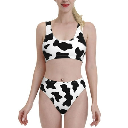 Bixox Milk Cow Print Pattern Two-Piece Sports Bikini with U-Shaped Top and High-Waist Bottom - Women s Swimwear with Removable Bra Pads
