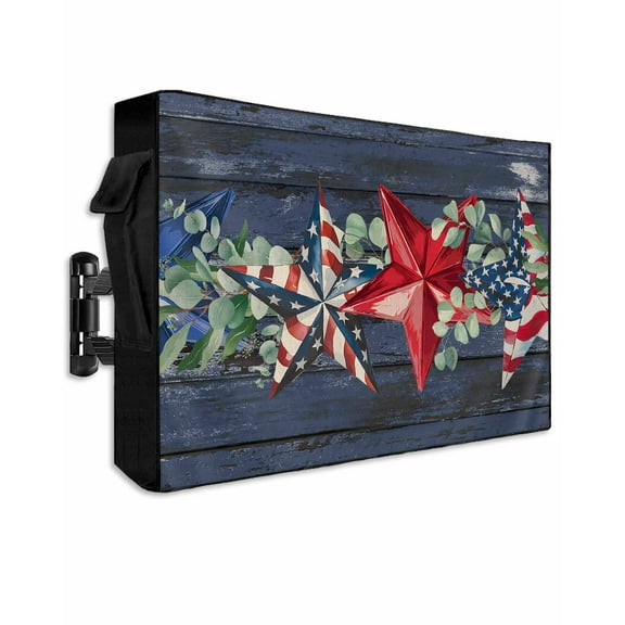 4th of July Outdoor TV Cover 70 to 75 Inch Weatherproof, Independence Day Red Star Vintage 600D Oxford TV Covers with Waterproof Zipper, Outside Flat TV Screen Protector Size 68"W x 42"H x 4.5"D