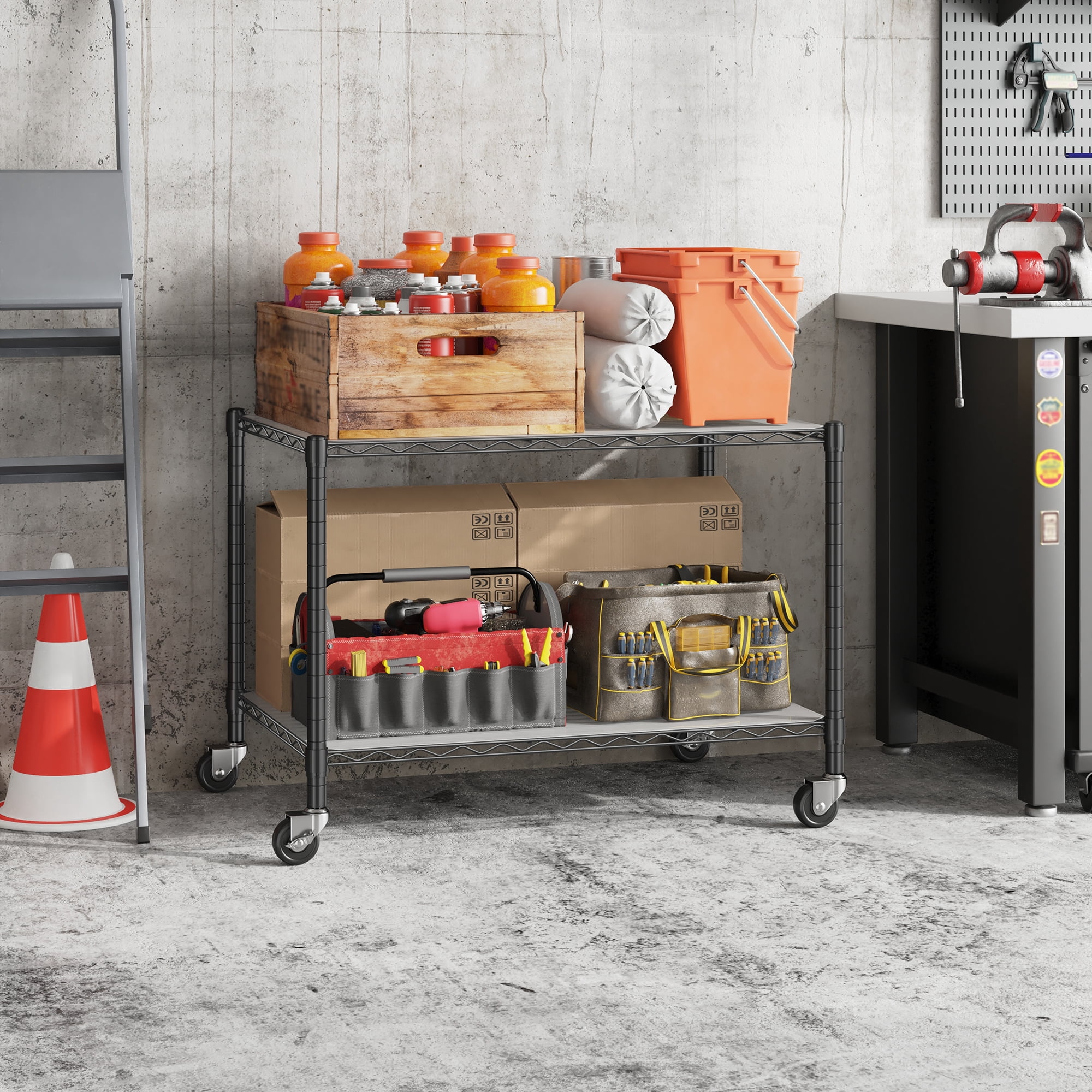 REIBII 2 Tier Wire Shelving Unit with Wheels,Heavy Duty Kitchen Appliance Shelf,36"W x 18"D Metal Storage Shelves for Pantry Garage Laundry,300 lbs Per Shelf,Black