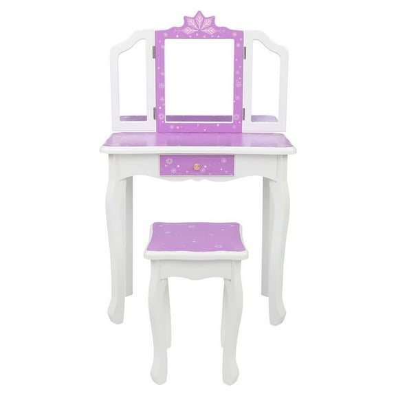Zimtown Kid's Vanity Table Wooden Makeup Desk W/ Mirror,Stool,Drawer Purple