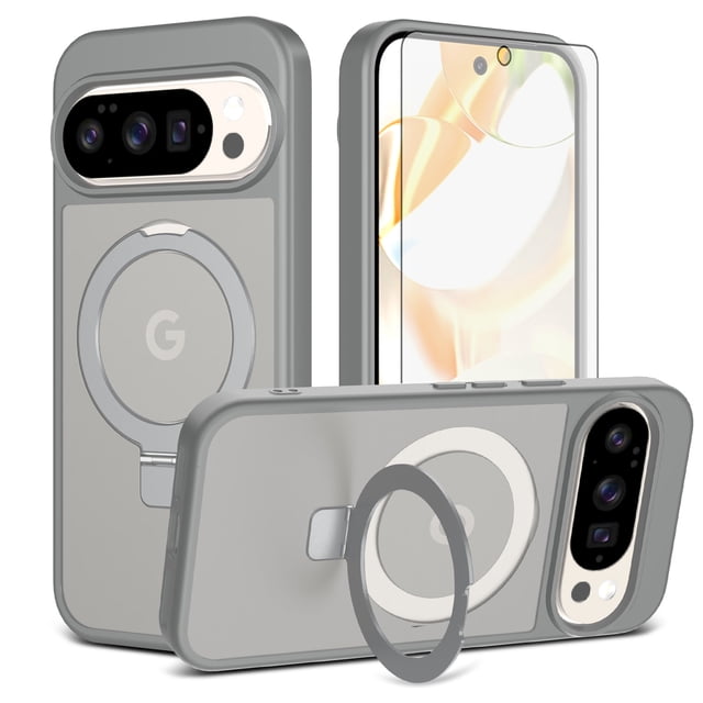 Asuwish Phone Case for Google Pixel 9/10/9 Pro/10 Pro 5G Tempered Glass Screen Protector Magnetic Bracket stand Translucent Shockproof Protective Cell Cover Pixel9 Pixel10 9Pro 10Pro Women Men Grey
