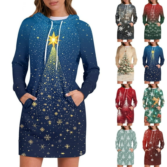 Women's Long Sleeve Hooded Sweatshirt Dress with Snowflake Christmas Tree Print, Ugly Christmas Sweater Women Style, Cozy Fall and Winter Dress with Pockets for Holiday,Dark Green,L
