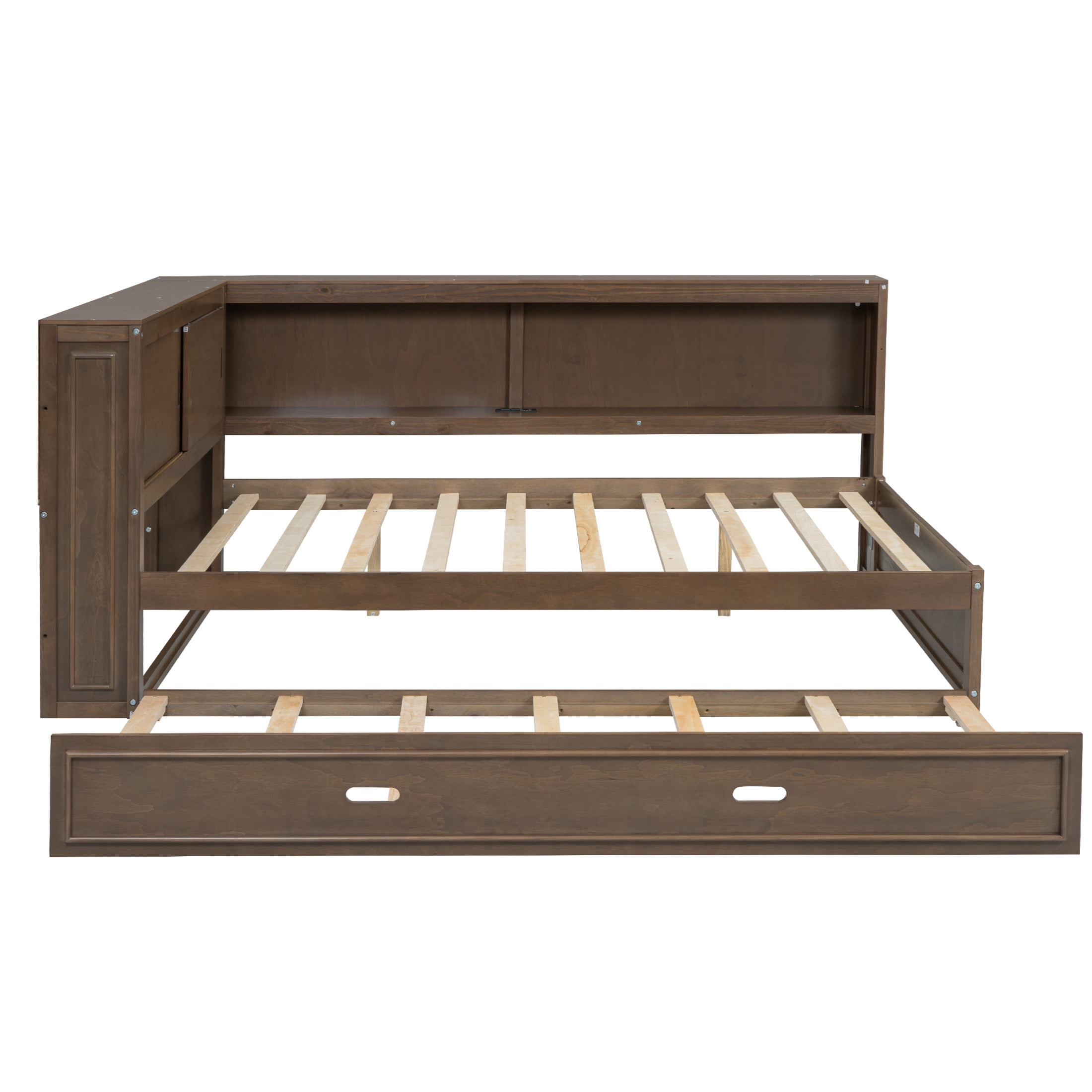 Noble House Sheila Full Wood Daybed with Trundle and LED Lighting, Storage Shelves, USB Charging Port, Antique Wood