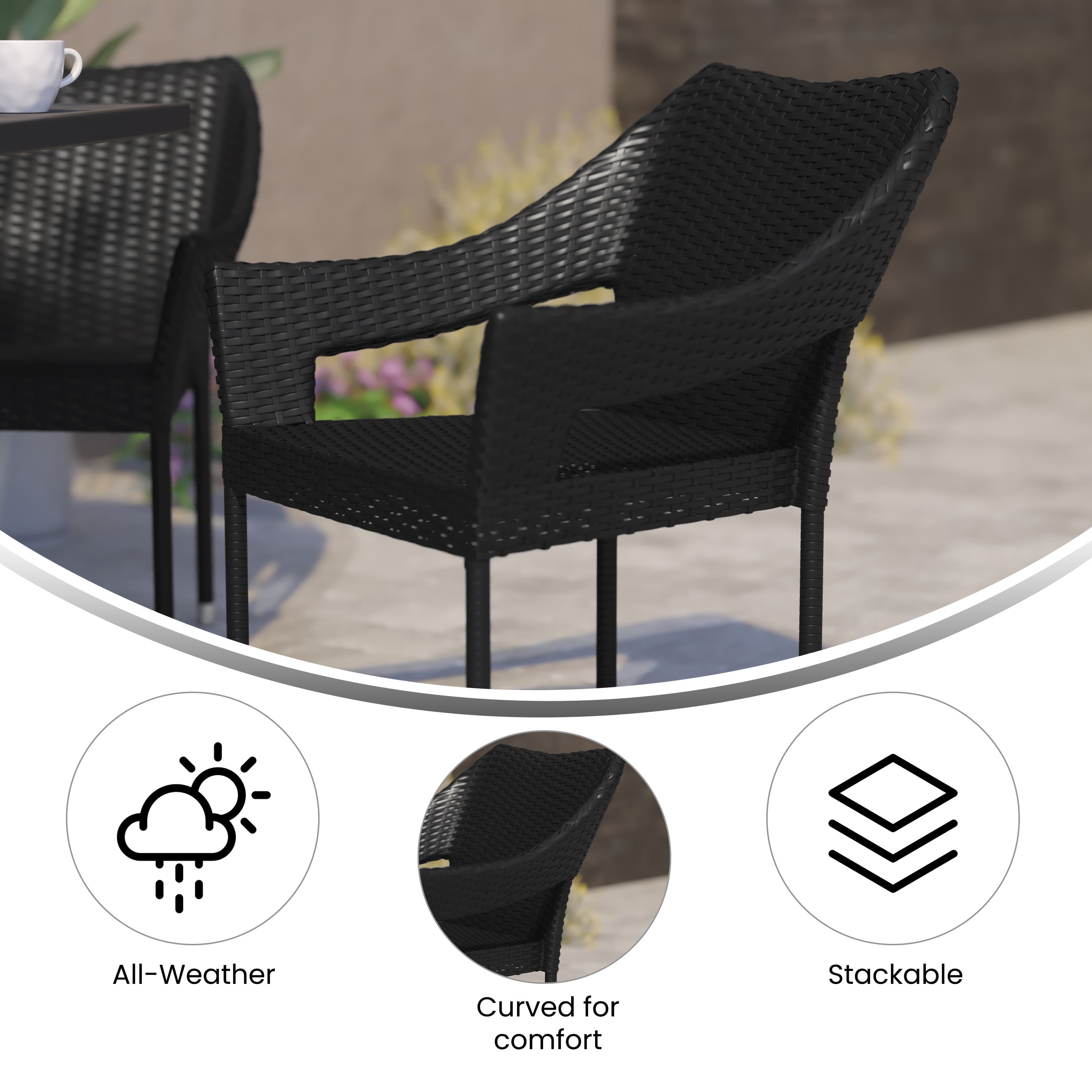 Merrick Lane Weather Resistant Indoor/Outdoor Stacking Patio Dining Chair with Steel Frame and PE Rattan - Black