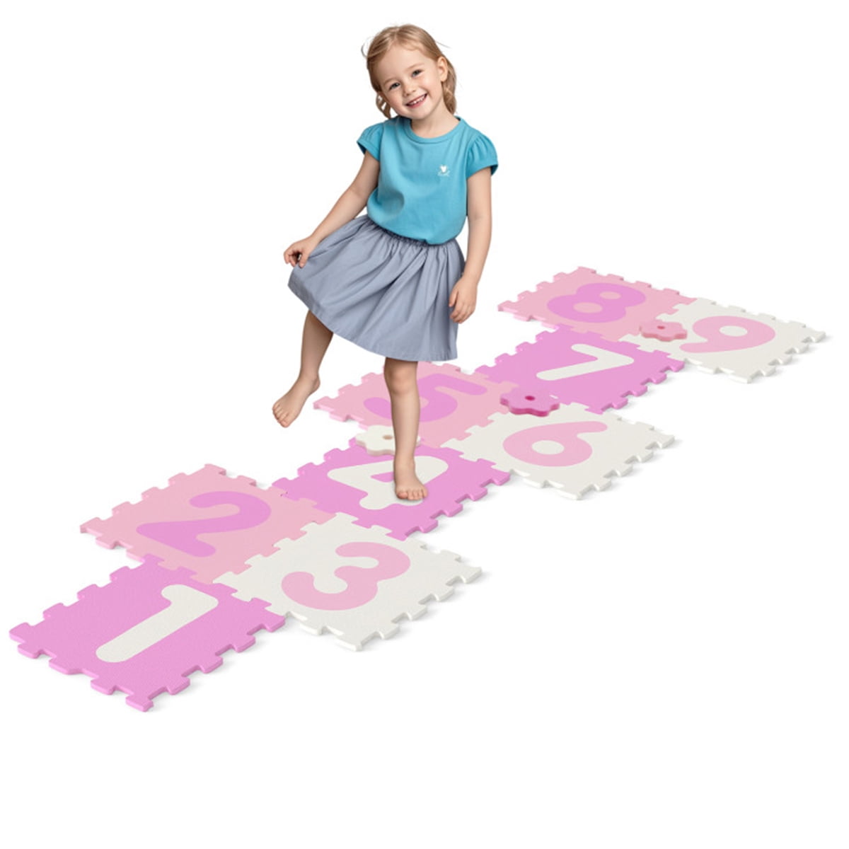 Colorful Kids Hopscotch Foam Mat 9 Interlocking Tiles 3 Marker Discs Non Slip Play Mat For Toddlers 10 Months Plus