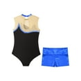 thumbnail image 4 of Yeahdor Kids Girls Gymnastics Dance Outfit Metallic Striped Leotard Sheer Mesh Patchwork Bodysuit with Metallic Shorts Royal Blue 12, 4 of 7