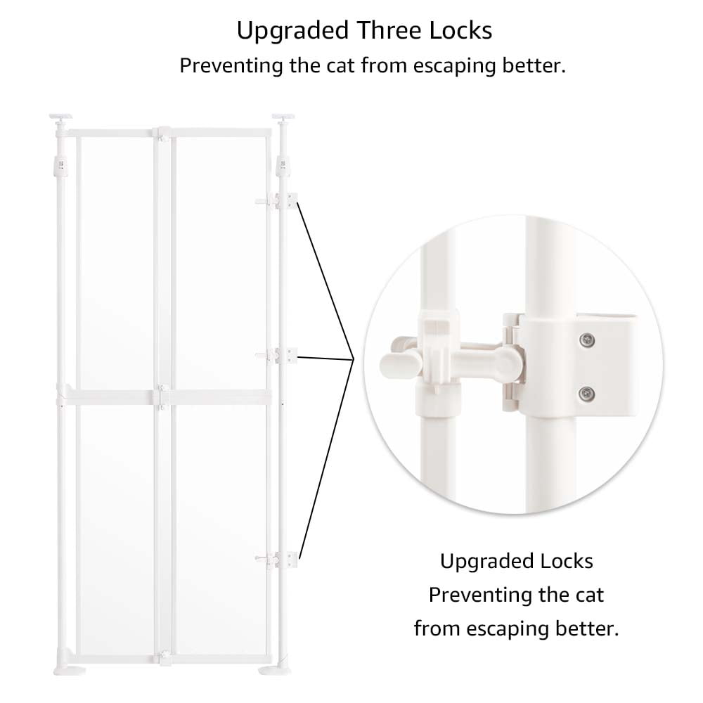unipaws Transparent Cat Safety Gate, 75"-98" Height and 21"-34" Wdie Adjustable, Auto Closing and No Drilling, Extra Tall Cat Door for Doorway, Stairs, White