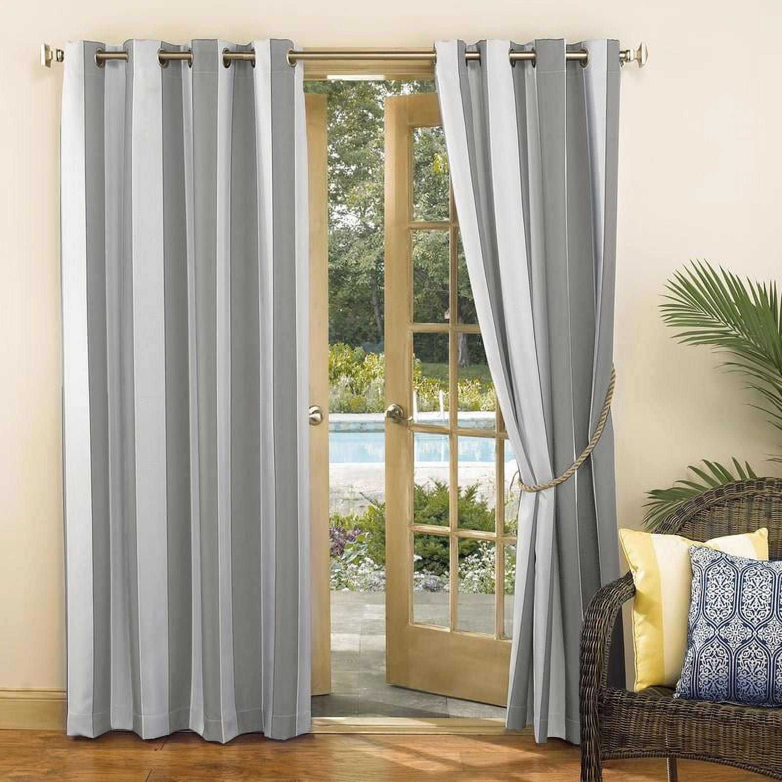 Sun Zero Valencia Cabana Stripe Indoor/Outdoor UV Protectant Room Darkening Grommet Curtain Panel, 54"x84", Gray