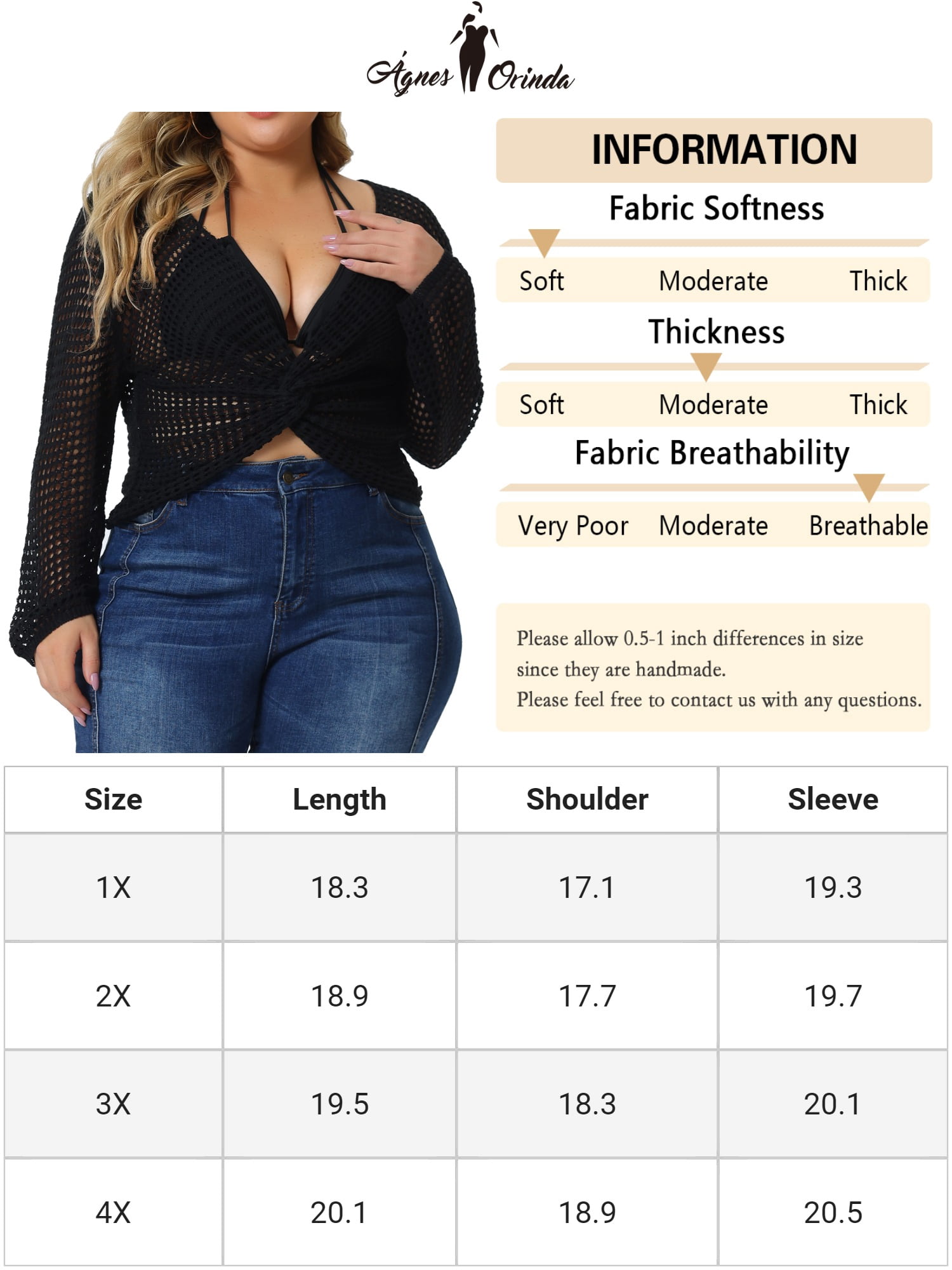 Unique Bargains Women's Plus Size Knitted V-Neck Ruched Cross Hollow Out Long Sleeve Tops 4X Black