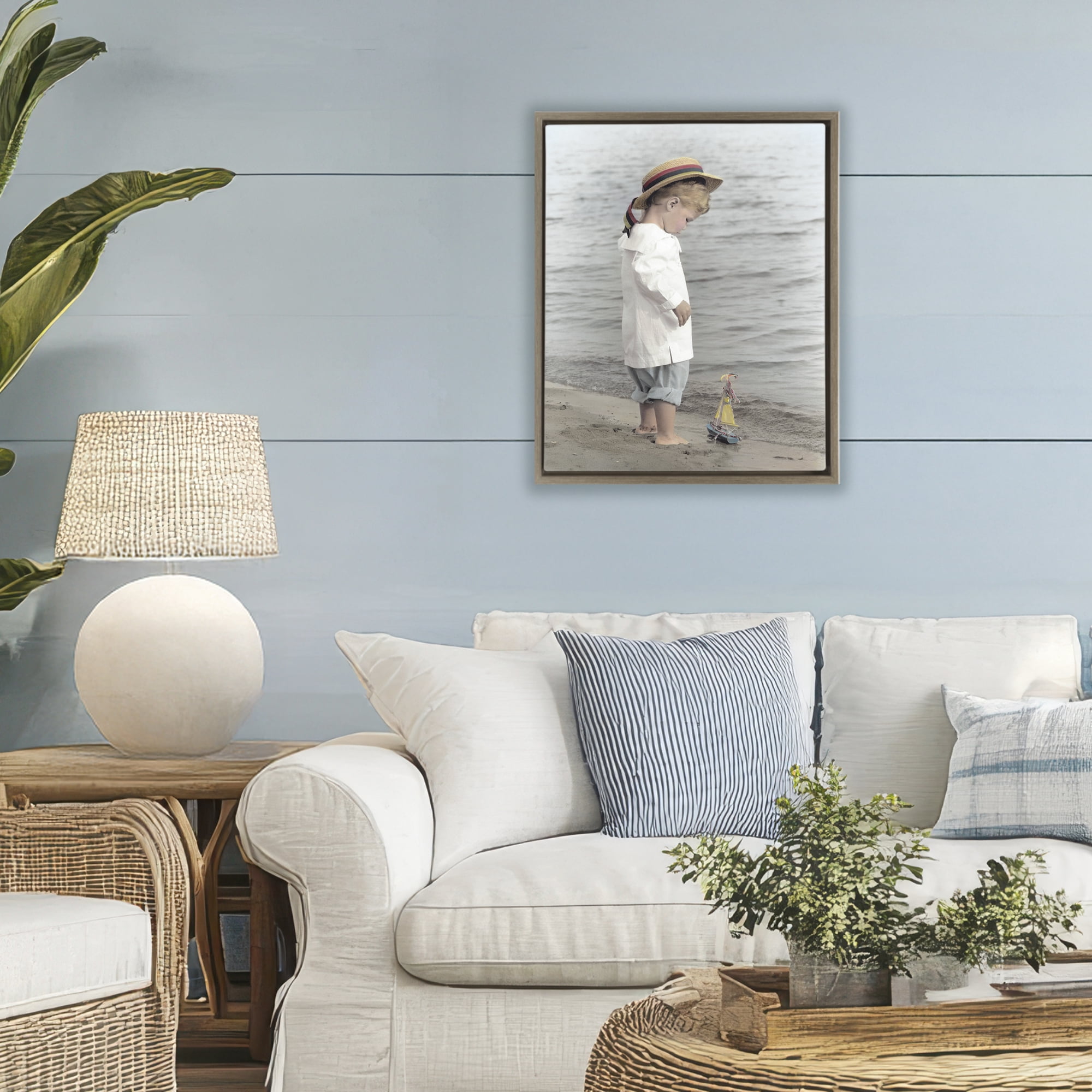 Stupell Industries Child on Beach Shore Brown Framed Floater Canvas Wall Art, design by Kendra Dew