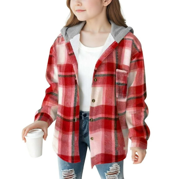 Tdoqot Girls Flannel Jacket Sherpa Lined with Hood- Plaid Casual Fashion Button Down Fall Jacket Red Size 5-14