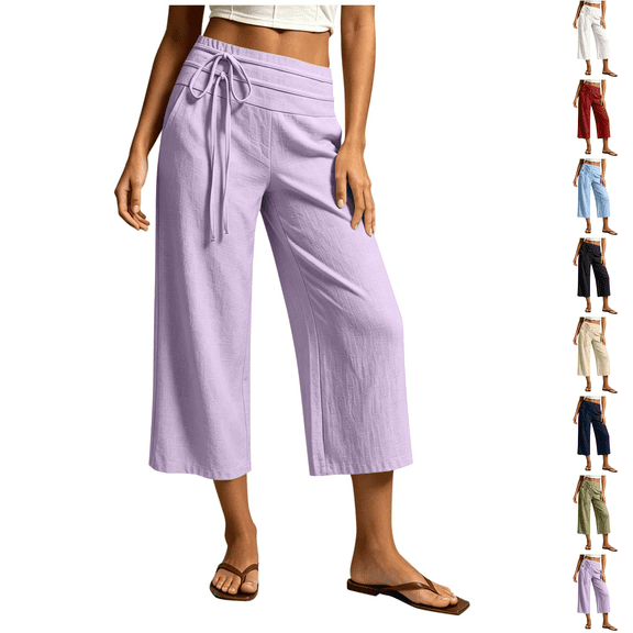 Linen Pants Women Petite High Waisted Wide Leg Trendy Culottes Summer 2026 Casual Vacation Trousers with Pockets Light Purple M