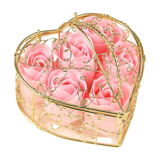Decoraciones para San Valentín, adornos para San Valentín, regalos para San Valentín, cesta de hierro con rosas y flores de jabón, decoración para el ambiente de San Valentín, regalo, 6 adornos de flo