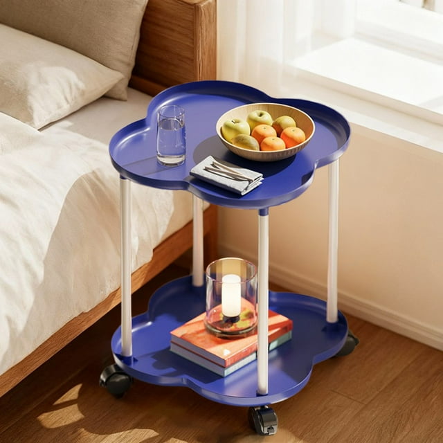 Mesa auxiliar portátil con ruedas y estante de almacenamiento | Mesa de centro y mesita de noche con ruedas para sala de estar, dormitorio y oficina | Blanco, verde, naranja y azul